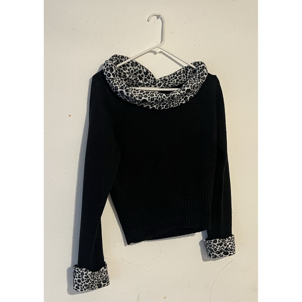 Knit Cowl Neck Pullover Sweater Black Leopard Print Long Sleeve Women's